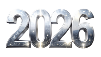 PNG Silver Metallic 3D Happy New Year 2026 with Sparkles