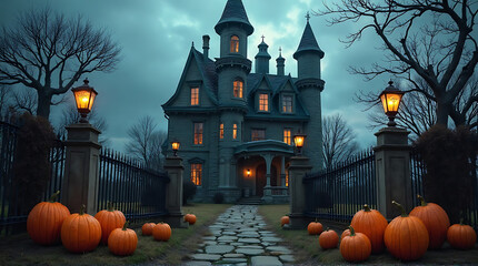Mysterious halloween night with haunted mansion and pumpkins creating a spooky atmosphere perfect
