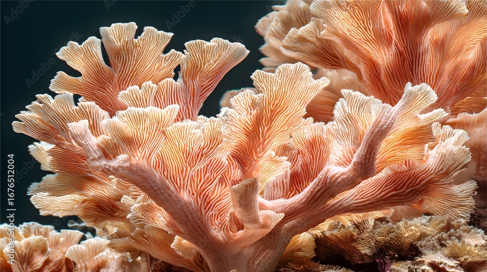 Poster close-up view of delicate, coral-like structures exhibiting intricate branching and flaking patterns