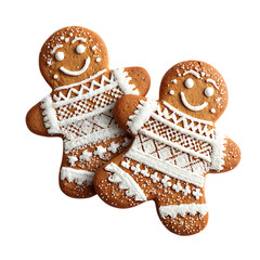 Christmas cookies in gingerbread shapes on white background for festive design.