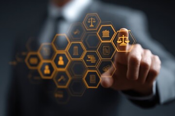 Businessperson's hand touches a digital interface with legal icons