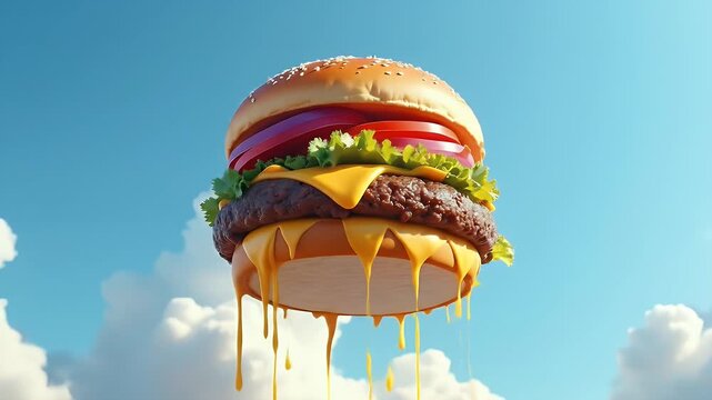 Giant burger floating in the sky, rainbow dripping cheese, surreal viral food fantasy, dreamlike delicious exaggeration