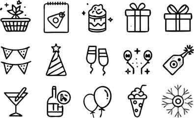 Vector illustration of assorted party and celebration icons including gifts, drinks, and decorations drawn in black