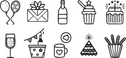 Vector collection of birthday and celebration themed doodle icons including cake balloons and party decorations