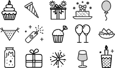 Vector collection of party and celebration themed icons including gifts, cupcakes, balloons and party favors