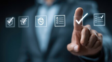 Businessperson's finger selecting a check mark on a digital checklist