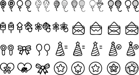 Vector a collection of hand drawn style icons featuring balloons, envelopes, party hats, stars and other decorative elements