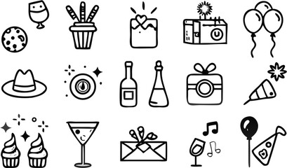 Vector illustration of festive party elements including gifts, balloons, drinks, and party favors in black and white