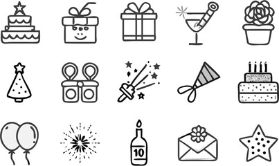 Vector collection of party and celebration icons including cake gifts balloons and other festive elements design