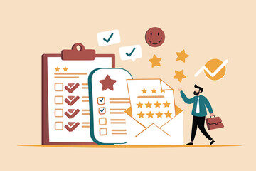 
Customer survey, feedback to improve service, online and offline survey, review or poll rating, user satisfaction report or questionnaire concept, man with survey on clipboard paper, mobile and email