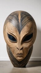 Alien Face Wood Carving Black White Stripes Hyperrealistic Design