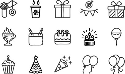 Vector illustration showing various party and celebration related icons including gifts, cake, and balloons line art