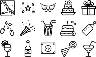 Vector collection of party themed icons including cake, drinks, gifts, and festive decorations design elements