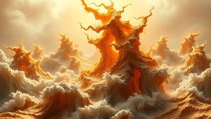 A gravity-defying golden fractal structure engulfed in chaotic energy waves, radiating molten brilliance.