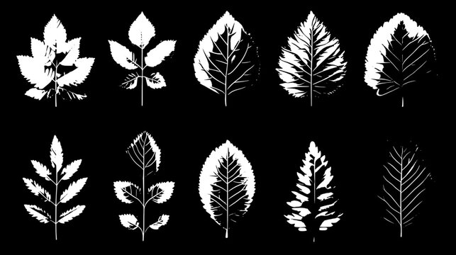 Collection of Green Leaves Illustration on Dark Background: 10 Diverse Green Leaves (Incl. Leaf Groups) in 2 Horizontal Rows, with Subtle Shadows