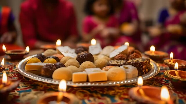 Diwali sweets served on silver platter amidst lit diyas. Indian sweets for Diwali celebration, festive dessert, Diwali food, traditional treats, sweet delicacies, holiday.