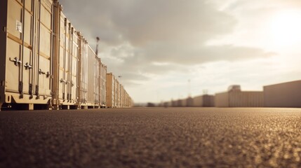 A line of white shipping containers on a concrete base in an industrial cargo area, with metallock systems,
