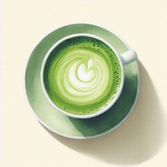 Watercolor style of a matcha latte with a smooth green surface and subtle foam swirl