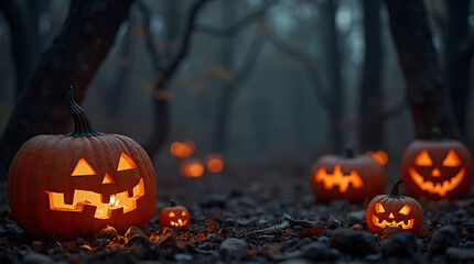 Halloween night in a dark forest with glowing pumpkins and spooky atmosphere