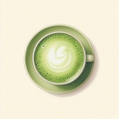Watercolor style of a matcha latte with a smooth green surface and subtle foam swirl