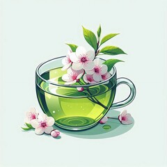 Green tea with a clear surface, topped with sakura flowers