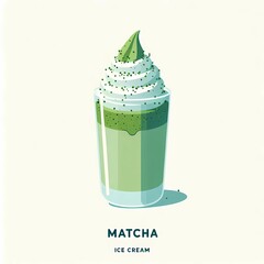 Minimalist vector design of a side view of matcha ice cream with white cream topping and matcha sprinkles