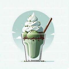 Minimalist vector design of a side view of matcha ice cream with white cream topping and matcha sprinkles