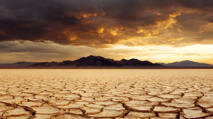 A vast, cracked earth plain stretches before a mountain range under a dramatic sunset sky, filled with golden and stormy clouds.