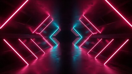 A dark corridor with neon geometric lights converging towards the center creating a futuristic and abstract tunnel effect - Powered by Adobe