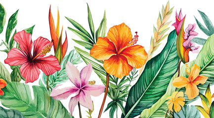 Vibrant watercolor border of tropical hibiscus flowers and lush green foliage on white background