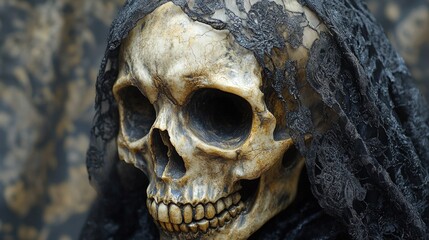Close-up of a skull draped in black lace