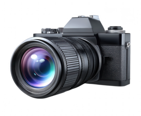 A classic black camera with a large lens isolated on transparent background