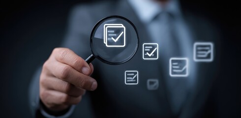 A hand holding a magnifying glass over document icons