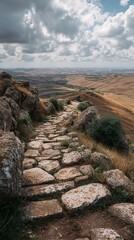 Ancient Stone Path Hilltop Barren Landscape Overcast Sky View