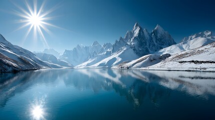 A serene winter landscape showcases a tranquil mountain lake reflecting snow-capped peaks under a bright sun.