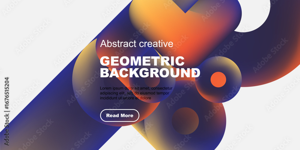 Poster vibrant abstract shapes overlap black background. text promotes geometric design, includes call to a