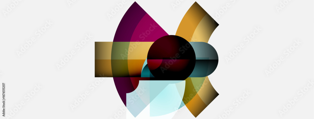 Poster abstract design features colorful overlapping shapes. circular elements dominate composition, creati