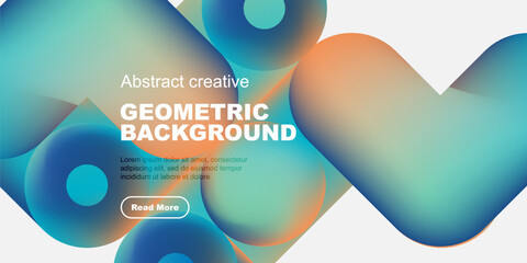 Obraz premium Abstract geometric background features vibrant blue, orange hues. Text overlay promotes content with read more button. Modern design.