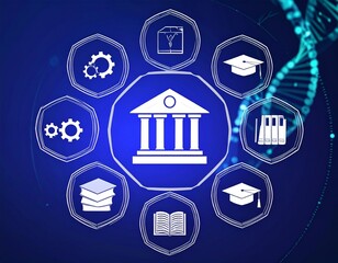 School icon surrounded by digital interface elements representing Education , 