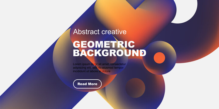 Vibrant abstract shapes overlap black background. Text promotes geometric design, includes call to action button. Modern, colorful composition.