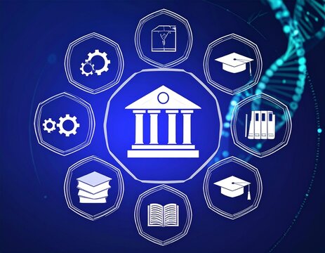 School icon surrounded by digital interface elements representing Education , 