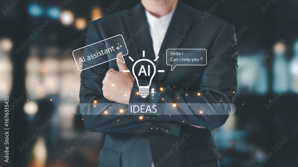 Aufkleber a businessman in a suit interacts with an ai assistant for new ideas. the interface shows a lightbul