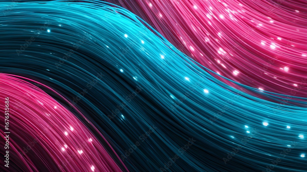 Aufkleber dynamic interplay of vibrant teal and fuchsia lines, adorned with glowing particles, creates a capti