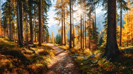 Fototapeta premium A sun-drenched forest path winds through a vibrant autumn landscape, showcasing golden foliage and towering trees against a backdrop of distant mountains.