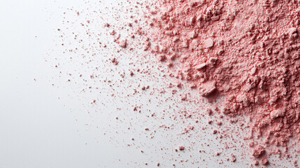 A close-up of a pile of pink powder on a white background, with a small cloud of dust scattered around it. detailed, high-resolution photo is ideal for themes of cosmetics, beauty, food, or abstract 