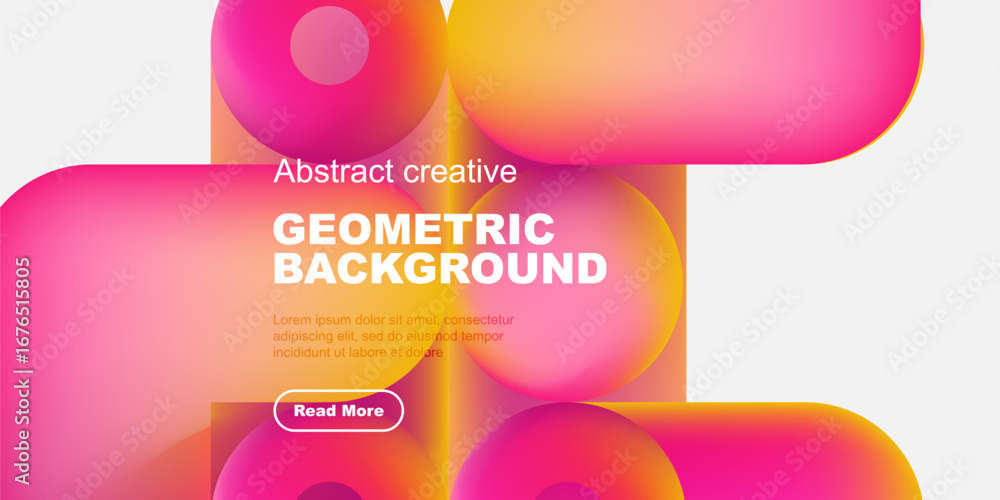 Poster vibrant geometric shapes overlap, creating dynamic abstract background. text promotes content with r