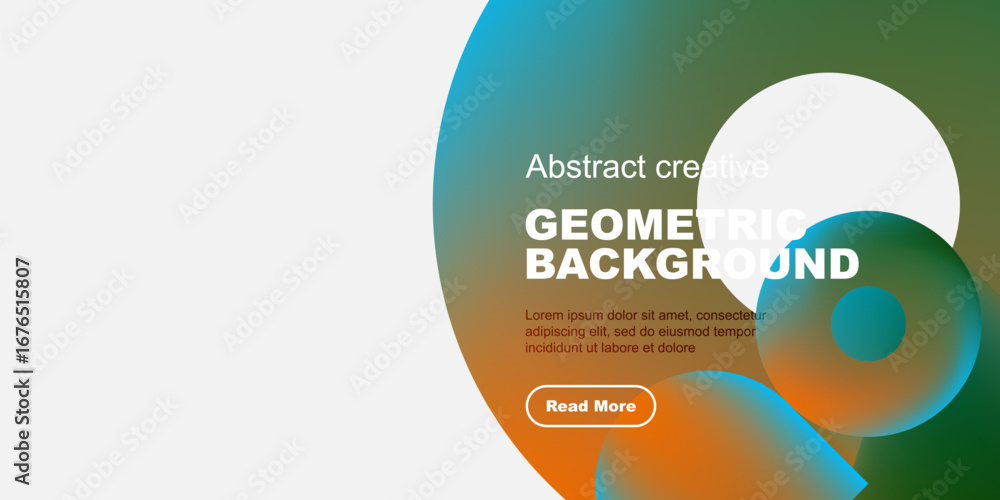 Poster abstract geometric design features vibrant overlapping shapes, text, button. minimalist style with w