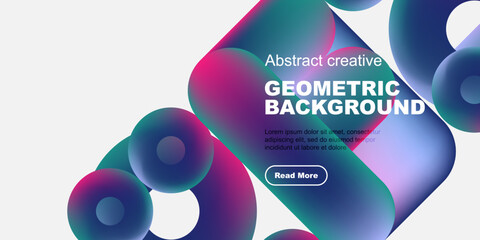 Naklejka premium Abstract geometric shapes, vibrant colors, dark background. Modern design with text overlay, button included. Minimalist aesthetic.