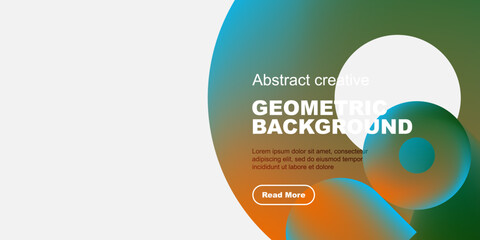 Abstract geometric design features vibrant overlapping shapes, text, button. Minimalist style with white, black color scheme.