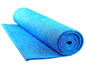 A bright blue yoga mat rolled up on a white background